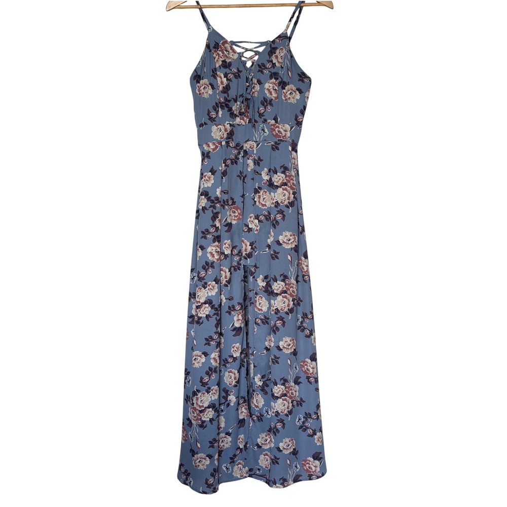 Romeo + Juliet Couture Jumpsuit Womens M Blue Floral Lace‎ Up Front Boho